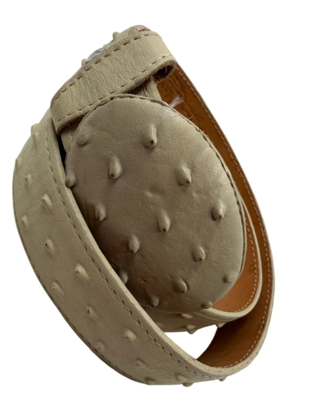 DONALDO Genuine Ostrich Leather Western Belt Cream Ivory Oversized Buckle Sz.40